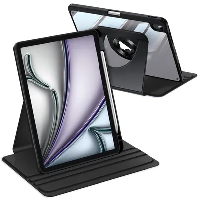Produktbild von Fintie Rotierende Hülle für iPad Air 11 Zoll M4/M3/M2 (2026/2025/2024), iPad Air 5/4 Gen (10,9", 2022/2020) mit Stifthalter, 360° drehbare, transparente Acryl-Rückseite, stoßfestem Rahmen, Schwarz
