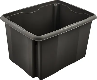 A black storage box with gray handles and rim, shown from a slightly elevated side angle.