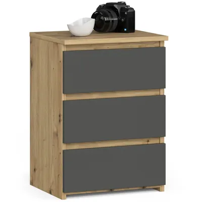 Produktbild von Nachttisch AKORD CL3 in der Farbe Eiche Artisan mit 3 Schubladen Front Graphitgrau B40 x H57 x T35 cm