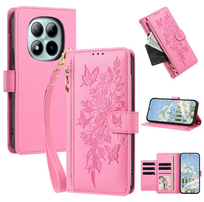Image de Étui pour Xiaomi Redmi Note 15 Pro 5G, en cuir PU, type portefeuille, avec compartiments, support pour cartes et dragonne, couleur rose