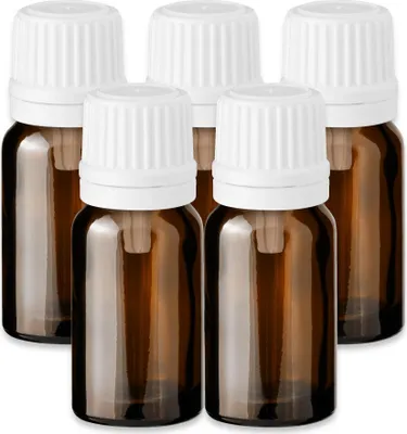 Produktbild von 5x Glasflasche braun 10 ml mit weißem Tropfeinsatz leere Tropfflasche