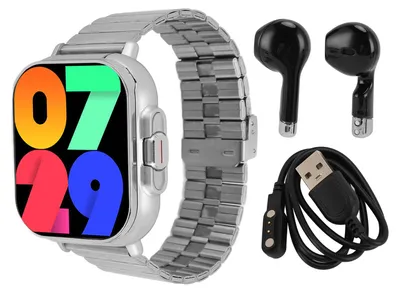 Produktbild von Smartwatch mit Ohrhörern, 2,01-Zoll-Bildschirm, silbernes Stahlband, Smartwatch, kabelloses Headset, Fitness-Tracker für iOS und Android