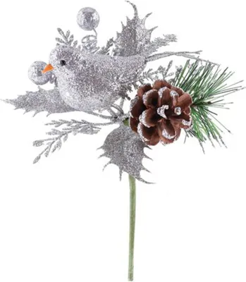 Produktbild von Weihnachtszweig MAGICHOME, mit einem Vogel, Silber, 17 cm