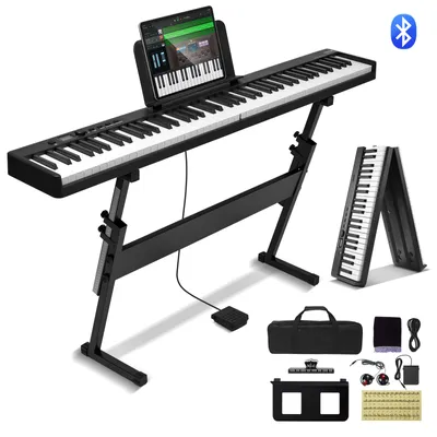 Produktbild von VEVOR 88-klawiszowe składane pianino, Bluetooth i MIDI, przenośne elektroniczne składane pianino cyfrowe ze statywem, pokrowiec na pedał sustain, klawisze dotykowe, akumulator, czarne