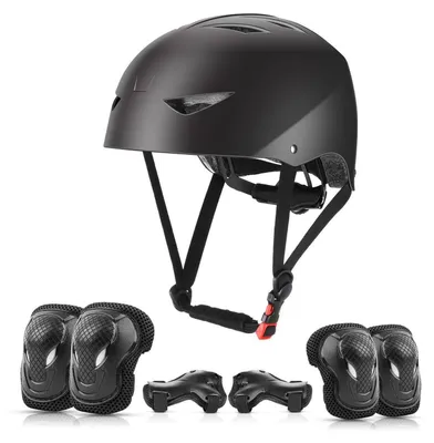 Image de Kit de protection Kinder pour skateboard et vélo, comprenant un casque, couleur noire, taille 54-58 cm