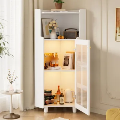 Produktbild von Schrank mit Lackoberfläche & LED-Beleuchtung, Moderne Eck-Kommode mit App-Steuerung, für Wohnzimmer, Bücherregal, Badezimmer (63.5*124cm, Weiß)