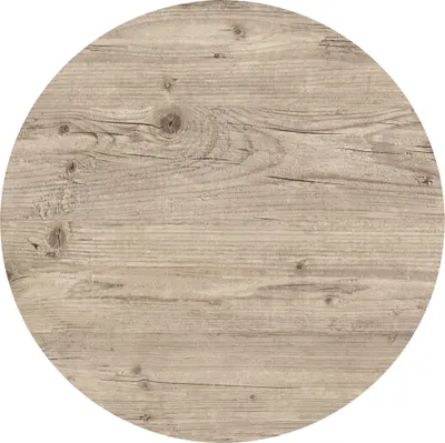 A circular wooden tabletop with visible grain and knots.