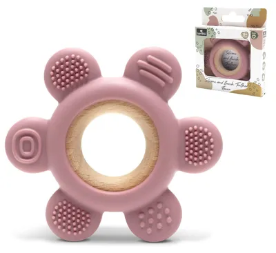 Produktbild von Lorelli Silicone and Beech Teether FLOWER Beißring aus Silikon und Buchenholz für Babys ab 0+ Monaten BPA frei Zahnungshilfe