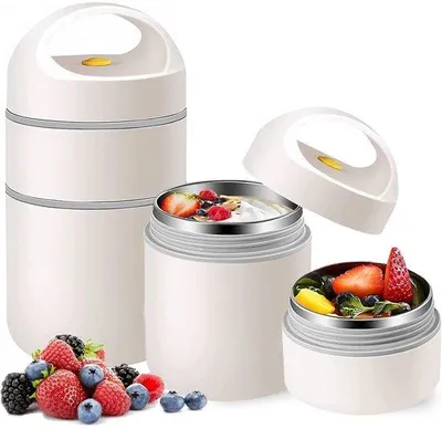 Image de Pot de 680 ml, de couleur gris-jaune, multifonctionnel, pour granola ou yaourt - Boîte à lunch double paroi, étanche - Idéale pour l'école, le travail, les pique-niques et les voyages - Blanc
