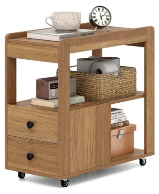 Produktbild von Schmaler Beistelltisch mit Rollen, 2 Schubladen und offenen Ablagen, Sofatisch, Nachtschrank für Wohnzimmer und Schlafzimmer, 65 x 30 x 63 cm (Natur)