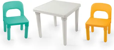 A white table with two children's chairs, one teal and one orange, arranged around it.