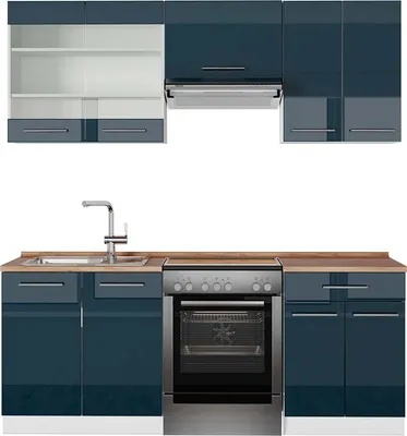 Produktbild von Küchenzeile Vicco Fame-Line Dunkelblau Hochglanz/Weiß 200 cm , AP Eiche, Model 49054
