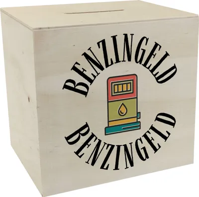 Produktbild von Benzingeld Spardose aus Holz in weiß mit Tanksäule