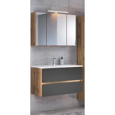 Produktbild von Waschplatz Set mit Mineragussbecken LOUROSA-03 in Wotaneiche Nb. mit matt grau, B/H/T: ca. 100/200/47 cm