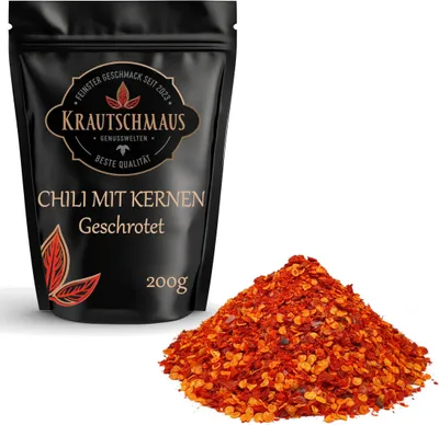 Produktbild von 200g Chili geschrotet mit Kernen von Krautschmaus, schonend getrocknet, voller Geschmack