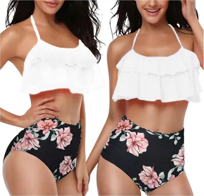 Immagine prodotto di Bikini costume da bagno a vita alta con spalline larghe e volant bianco nero XL