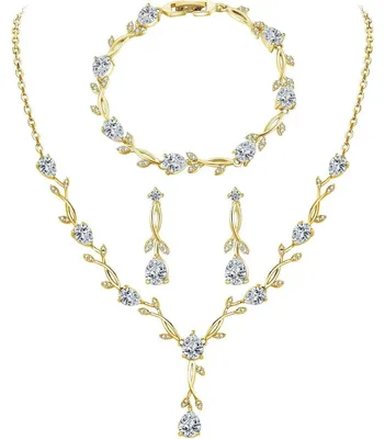Produktbild von Schmuckset Damen Sterling Silber 925 Zirkonia Halskette Armband Ohrringe Brautschmuck Gold