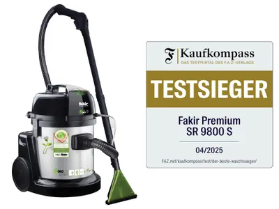 A Fakir Premium SR 9800 S vacuum cleaner is shown next to a "Kaufkompass Test Sieger" award.