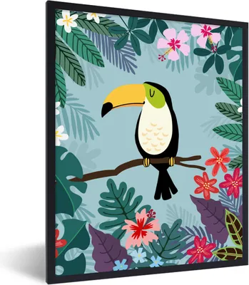 Produktbild von MuchoWow® Gerahmtes Poster Tukan - Pflanzen - Kinder - Tiere - Kinder 60x80 cm - Poster mit Schwarzem Bilderrahmen Wandposter Rahmen Foto Bilder - Premium - Wanddeko Wohnzimmer