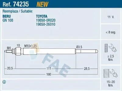 Produktbild von FAE 74235 Diesel Glühkerze für TOYOTA AURIS (NRE15, ZZE15, ADE15, ZRE15, NDE15) M10x1,25