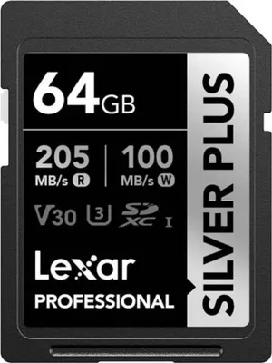 A close-up studio shot of a Lexar Professional Silver Plus 64GB SDXC V30 UHS-I SD card.