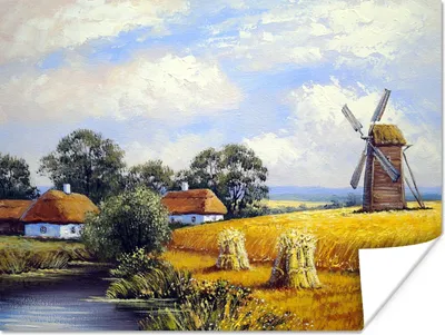 Produktbild von MuchoWow® Poster Gemälde - Bauernhof - Mühle - Ölfarbe 80x60 cm - Kunst für zu Hause
