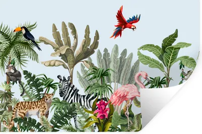 Produktbild von MuchoWow® Wandtattoo Wandsticker Wandaufkleber Dschungel - Flamingo - Affe - Jungen - Mädchen - Kinder 120x80 cm Selbstklebend und Repositionierbar - Selbstklebend - Fototapeten