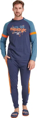 Produktbild von Sorbetto Langer Herren-Pyjama/ Schlafanzug aus Baumwolle  Dunkelblau/ Orange Gr. XXL