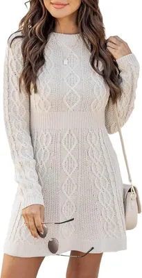 Produktbild von Gestricktes Damenkleid in Beige mit Rundhalsausschnitt, langen Ärmeln und A-Linien-Schnitt