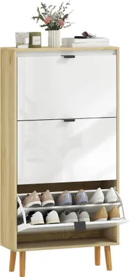Image de Armoire à chaussures - Étroite Avec 3 Portes - Étagères Réglables - Pour 18 Paires - 60x24x127 cm - Pieds En Bois - Blanc