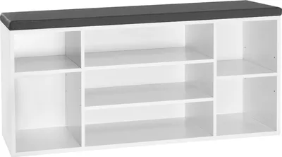 Zdjęcie produktu dla Ławka na buty – ławka do przedpokoju z półką na buty – 103,5 x 30 x 48 cm – 7 przegródek – szara poduszka z tkaniny – płyta wiórowa pokryta melaminą – biało-szara