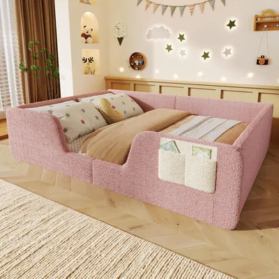 Produktbild von Flieks Polsterbett 140x190cm mit Lattenrost, Kinderbett mit Rausfallschutz, Schlafsofa mit abnehmbaren Arm- und Rückenlehne, Bodenbett Samt, Rosa