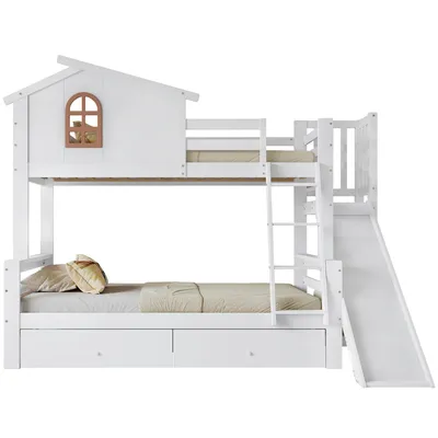 Produktbild von Etagenbett mit 2 Liegeflächen und Lattenrost, 90x200cm/120x200cm, Kinderbett mit Rutsche und Rausfallschutz, Spielbett