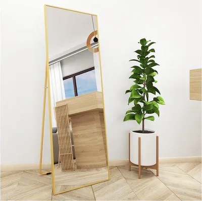 Image de Miroir 140 x 50 cm avec cadre métallique doré, grand miroir mural avec crochets pour le salon, la chambre à coucher ou le dressing