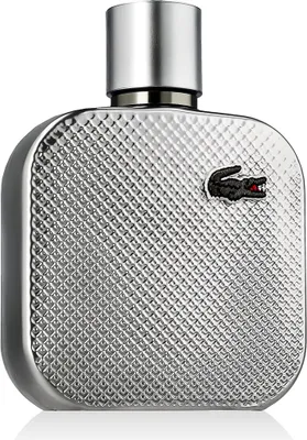 A product shot of a silver Lacoste perfume bottle.