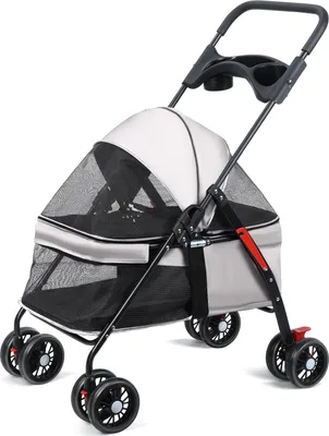 Produktbild von Hunde-/Katzenbuggy mit 4 Rädern, zusammenklappbarer Kinderwagen für Reisen im Freien, Käfigbuggy für Hunde und Katzen mit Getränkehalter, atmungsaktives und sichtbares Netz für kleine Hunde