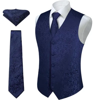 Productafbeelding van Herenvest, das, zakdoek set, bloemenmotief, jacquard, marineblauw, maat 5XL
