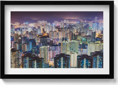 Produktbild von Beleuchtete Stadt bei Nacht– Wandbild mit Rahmen – Gerahmtes Bild  – Wanddekoration – 60x40 cm –  Schwarz Rahmen