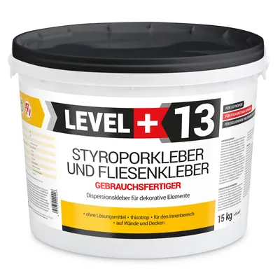 Produktbild von Lepidlo na polystyrén pripravené na použitie 15 kg Biele dekoračné lepidlo na korkové obklady Level+13