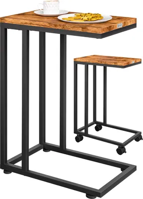 Two C-shaped side tables with wooden tops and black metal frames are shown against a white background. One table is larger and positioned in the foreground, while a smaller, identical table is nested behind it.