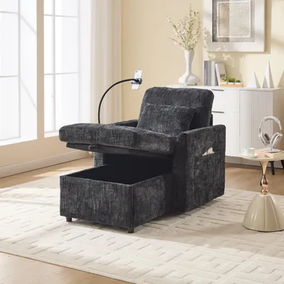 Produktbild von STILVORA Chaiselongue mit Handyständer und 2 Seitentasche,Einzelsofa mit 2 Nackenkissen und verstaubare Rückenlehne,Modernes Sofa aus Chenille,Schwarz