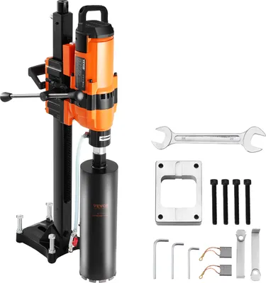 A core drill machine and its accessories are displayed against a white background.