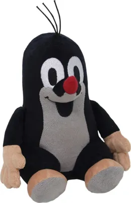 A plush toy mole sitting on a white background.