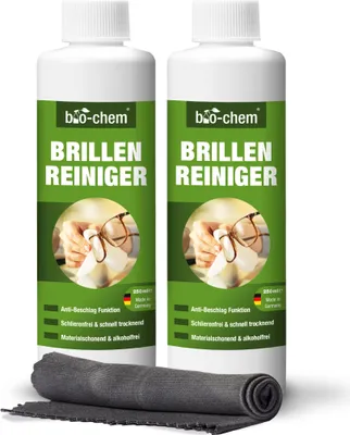 Produktbild von bio-chem Brillenreiniger mit ANTI-BESCHLAG-Funktion, Schutz vor beschlagenen Brillen, Anti-Fog, 2x 250 ml (500 ml) Nachfüllflaschen + Premium-Mikrofasertuch/Brillenputztuch