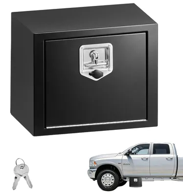 Image de Boîte à outils VEVOR pour le dessous de camion, 609 x 305 x 356 mm, coffre de rangement en acier robuste pour remorques, avec serrure et clés, étanche. Coffre de rangement pour remorques, idéal pour organiser le chargement, avec poignée en T, pour camions, fourgonnettes, SUV, de couleur noire
