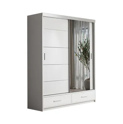 A white wardrobe with sliding doors and a mirror on a white background.