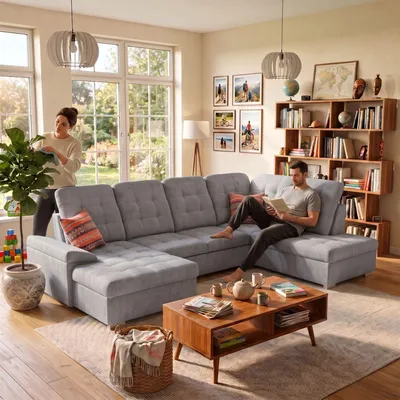 Produktbild von MUFFO Ecksofa U-Form OLIVIA U Rechts mit Schlaffunktion 124x257 Velours Hellgrau
