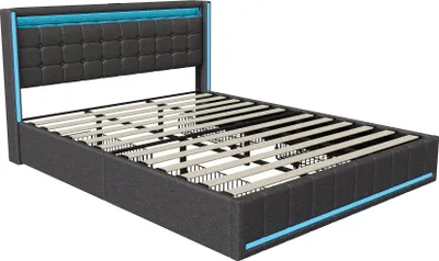 Zdjęcie produktu dla Łóżko tapicerowane UnboxG 180 x 200 cm z portem USB i gniazdkami elektrycznymi, łóżko młodzieżowe podwójne z 4 szufladami, łóżko z miejscem do przechowywania, łóżko z litego drewna z LED/typ C i stelażem, pościel, szare