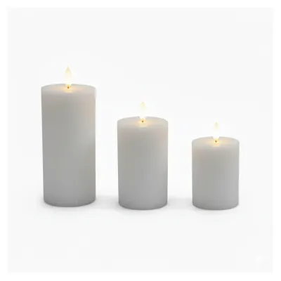 Image de Bougies LED Relaxdays, lot de 3, 3 tailles, flamme vacillante, cire véritable, rainurées, bougies électriques sans flamme, gris clair