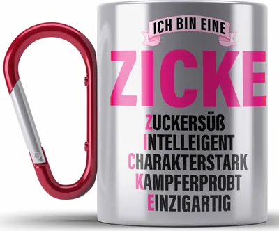 Produktbild von Trendation - Zicke Edelstahl Tasse Karabiner Geschenk Karabiner Edelstahl Tasse Karabiner Edelstahl für Frauen Frau Lustig Pink (Rot)